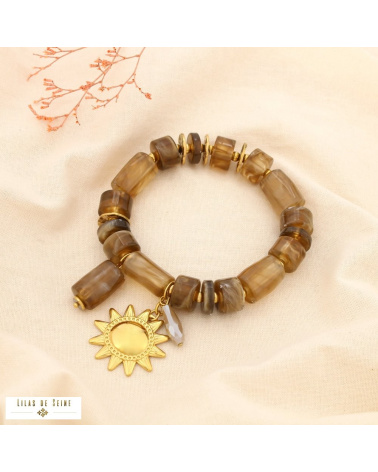Bracelet soleil en acier inoxydable doré et perles de résine marbrée JESSICA taupe