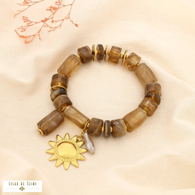 Bracelet soleil en acier inoxydable doré et perles de résine marbrée JESSICA taupe