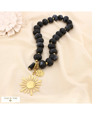 Collier fleur en acier inoxydable doré et perles de résine marbrée DINA noir