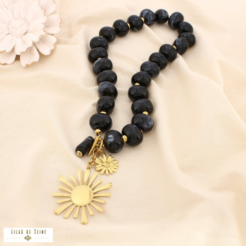Collier fleur en acier inoxydable doré et perles de résine marbrée DINA noir