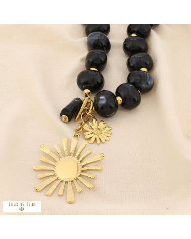 Collier fleur en acier inoxydable doré et perles de résine marbrée DINA noir