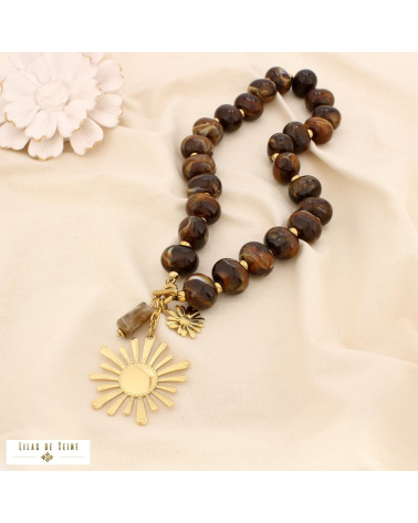 Collier fleur en acier inoxydable doré et perles de résine marbrée DINA marron
