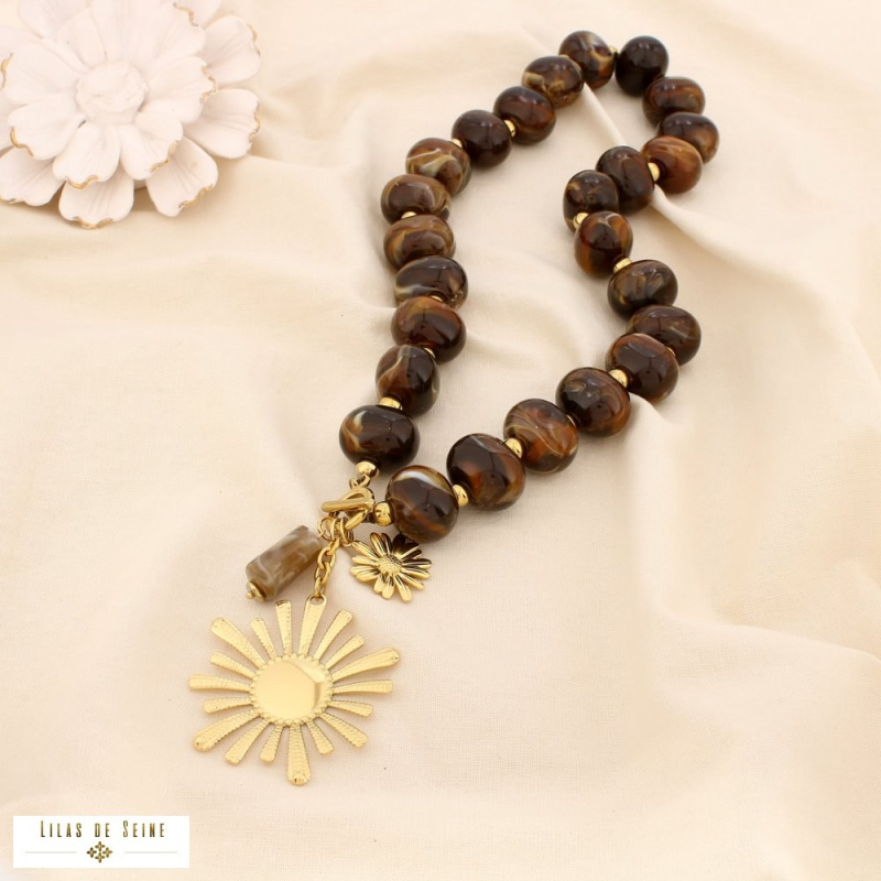 Collier fleur en acier inoxydable doré et perles de résine marbrée DINA marron