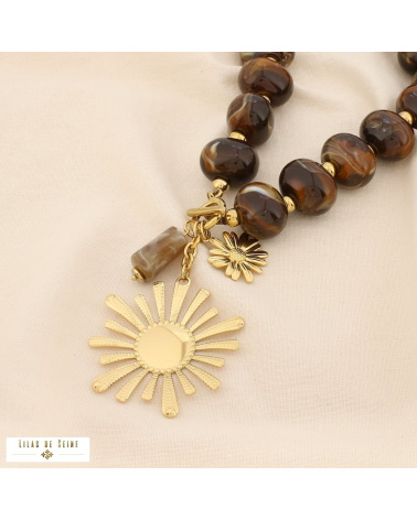 Collier fleur en acier inoxydable doré et perles de résine marbrée DINA marron