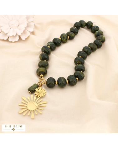 Collier fleur en acier inoxydable doré et perles de résine marbrée DINA vert kaki