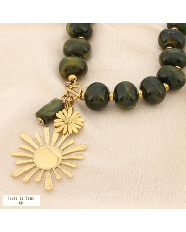 Collier fleur en acier inoxydable doré et perles de résine marbrée DINA vert kaki