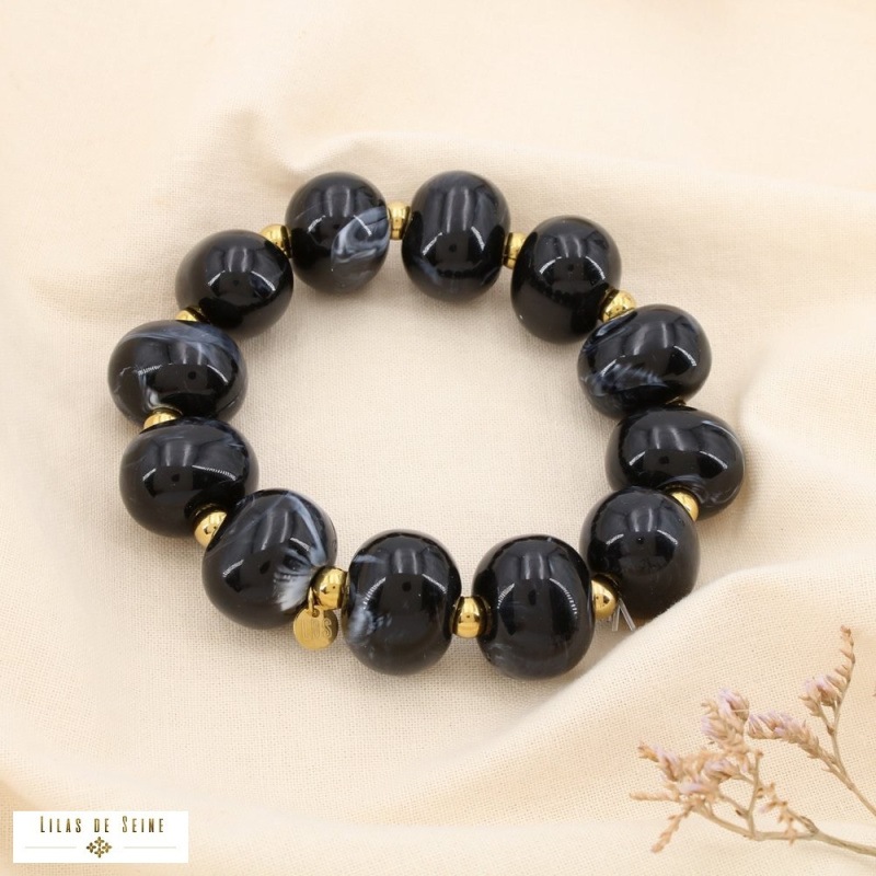 Bracelet en résine marbrée et acier inoxydable DINA noir