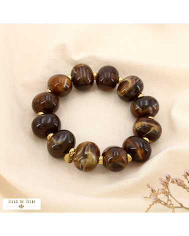 Bracelet en résine marbrée et acier inoxydable DINA marron