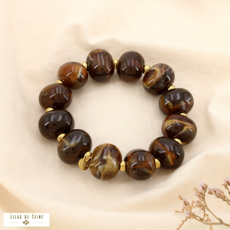 Bracelet en résine marbrée et acier inoxydable DINA marron
