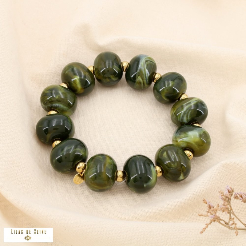 Bracelet en résine marbrée et acier inoxydable DINA vert kaki