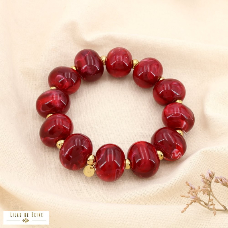 Bracelet en résine marbrée et acier inoxydable DINA rouge bordeaux