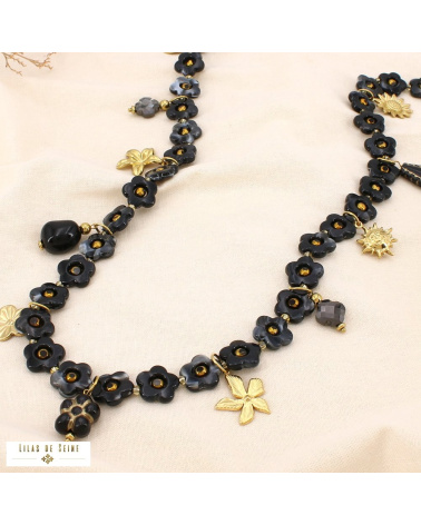 Sautoir fleurs en résine et acier inoxydable doré MAUD noir