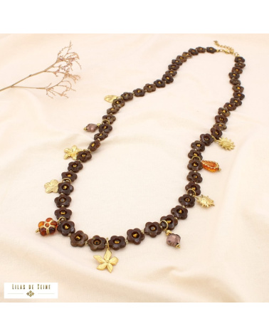 Sautoir fleurs en résine et acier inoxydable doré MAUD marron