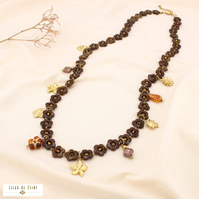 Sautoir fleurs en résine et acier inoxydable doré MAUD marron