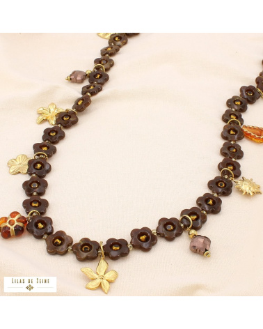 Sautoir fleurs en résine et acier inoxydable doré MAUD marron