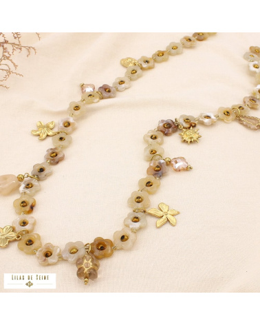 Sautoir fleurs en résine et acier inoxydable doré MAUD naturel/beige