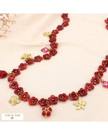 Sautoir fleurs en résine et acier inoxydable doré MAUD rouge bordeaux