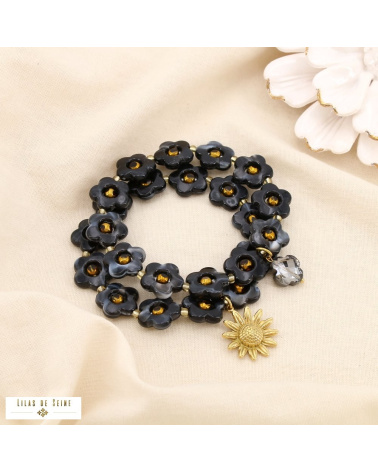 Ensemble 2 bracelets fleurs en résine et acier inoxydable doré MAUD noir