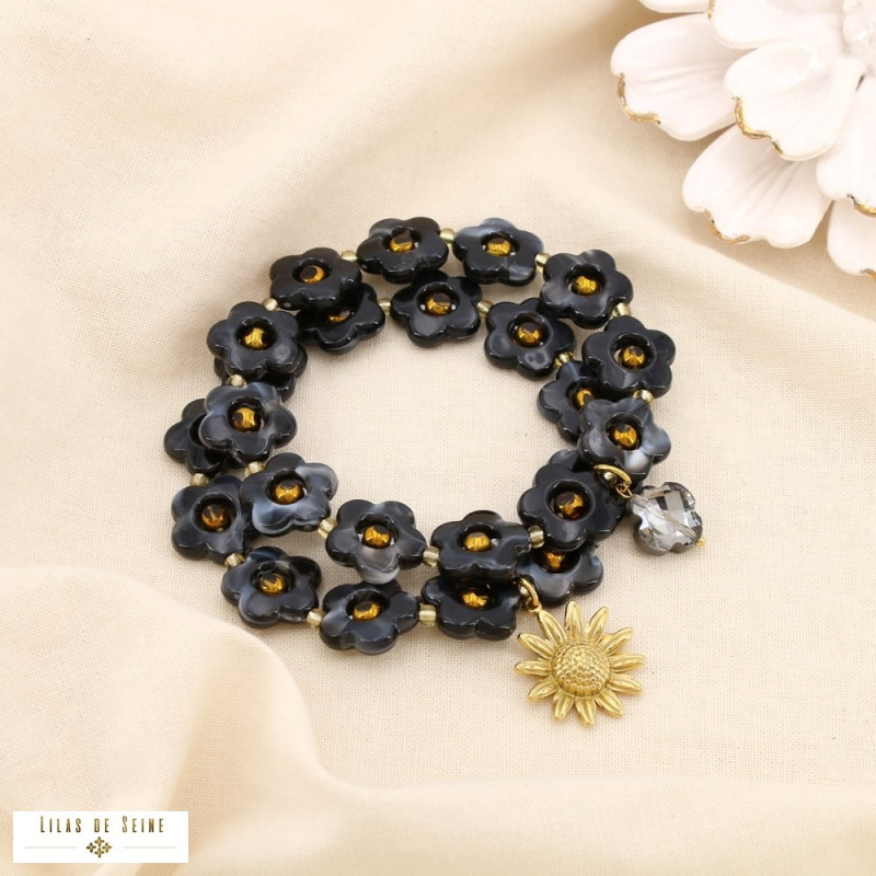 Ensemble 2 bracelets fleurs en résine et acier inoxydable doré MAUD noir