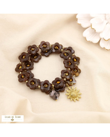 Ensemble 2 bracelets fleurs en résine et acier inoxydable doré MAUD marron