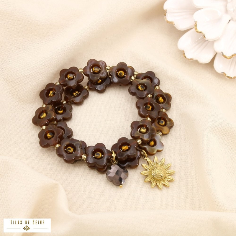 Ensemble 2 bracelets fleurs en résine et acier inoxydable doré MAUD marron