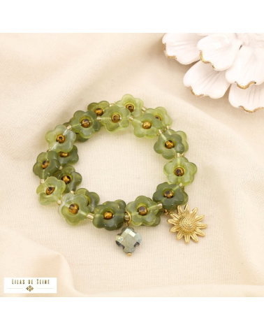 Ensemble 2 bracelets fleurs en résine et acier inoxydable doré MAUD vert kaki