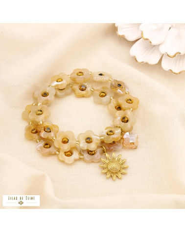 Ensemble 2 bracelets fleurs en résine et acier inoxydable doré MAUD naturel/beige