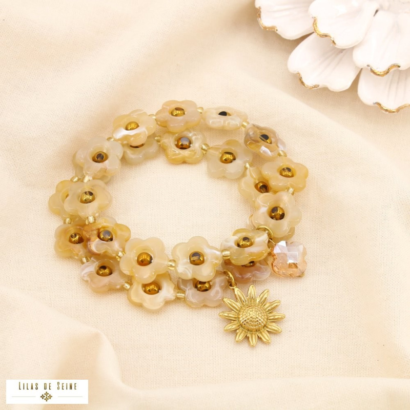 Ensemble 2 bracelets fleurs en résine et acier inoxydable doré MAUD naturel/beige