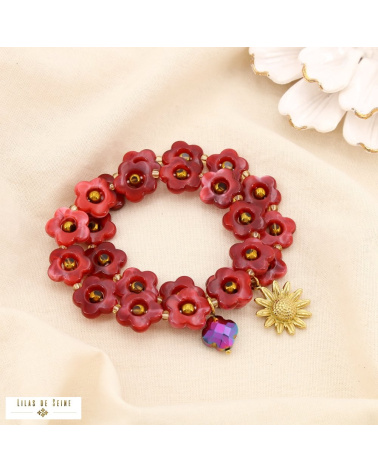 Ensemble 2 bracelets fleurs en résine et acier inoxydable doré MAUD rouge bordeaux