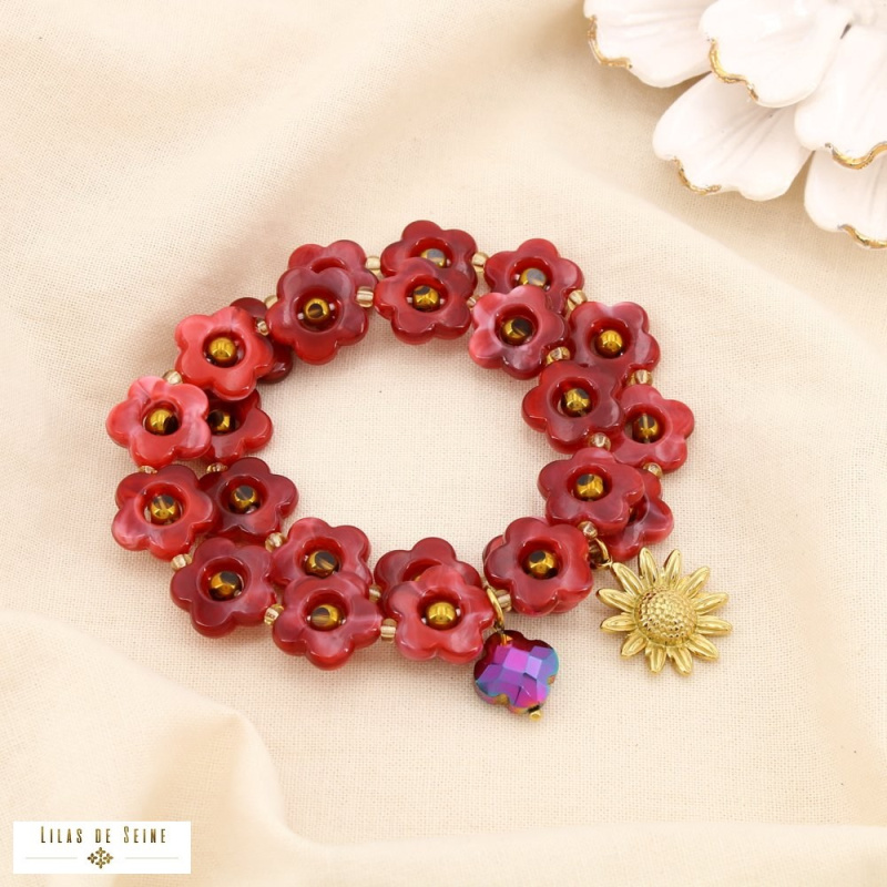 Ensemble 2 bracelets fleurs en résine et acier inoxydable doré MAUD rouge bordeaux