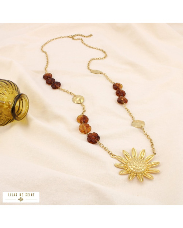 Sautoir bohème acier inoxydable doré pendentif marguerite ELISABETH marron