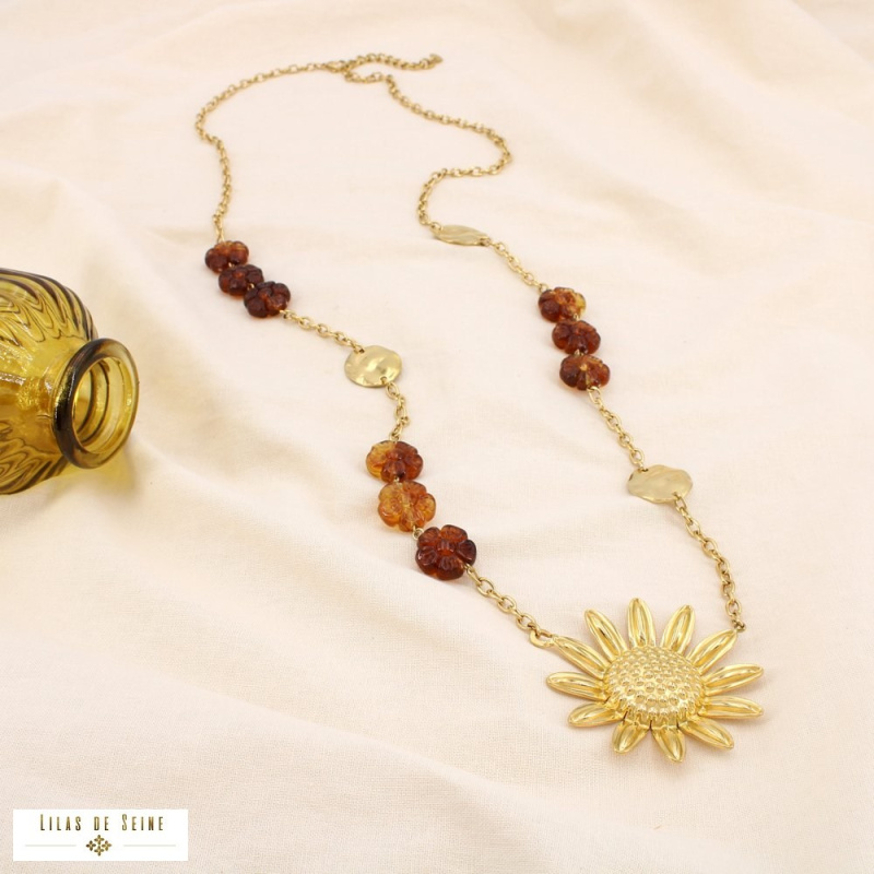Sautoir bohème acier inoxydable doré pendentif marguerite ELISABETH marron