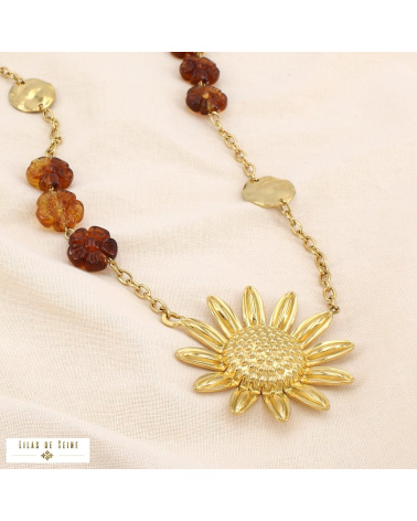 Sautoir bohème acier inoxydable doré pendentif marguerite ELISABETH marron