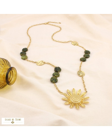Sautoir bohème acier inoxydable doré pendentif marguerite ELISABETH vert kaki