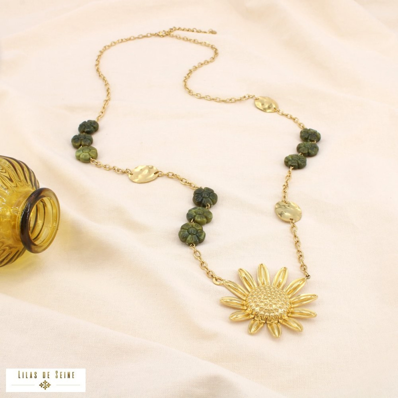 Sautoir bohème acier inoxydable doré pendentif marguerite ELISABETH vert kaki