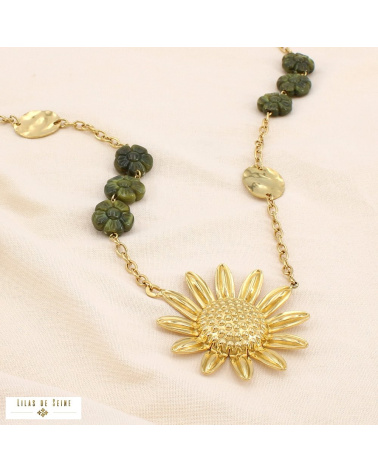 Sautoir bohème acier inoxydable doré pendentif marguerite ELISABETH vert kaki