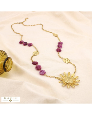Sautoir bohème acier inoxydable doré pendentif marguerite ELISABETH violet