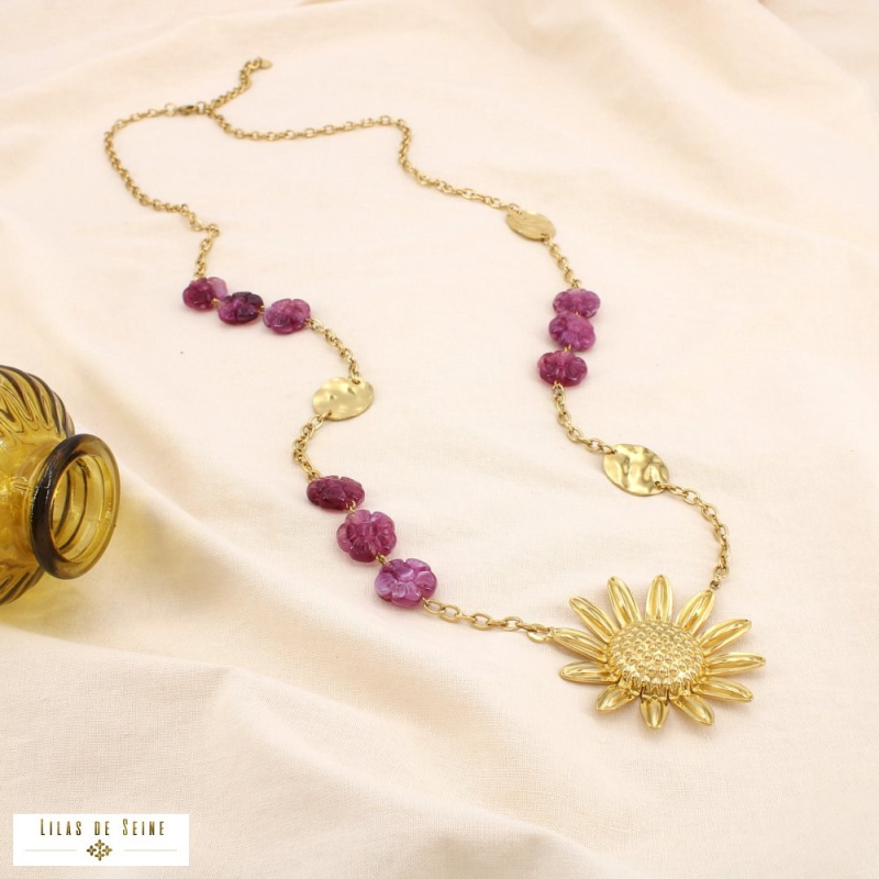 Sautoir bohème acier inoxydable doré pendentif marguerite ELISABETH violet
