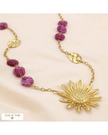 Sautoir bohème acier inoxydable doré pendentif marguerite ELISABETH violet