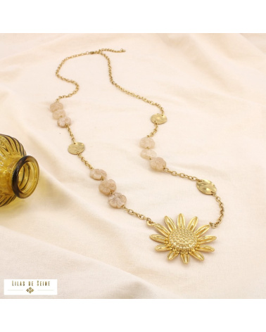 Sautoir bohème acier inoxydable doré pendentif marguerite ELISABETH naturel/beige