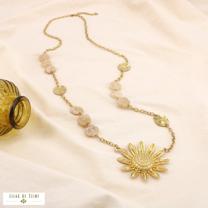 Sautoir bohème acier inoxydable doré pendentif marguerite ELISABETH naturel/beige