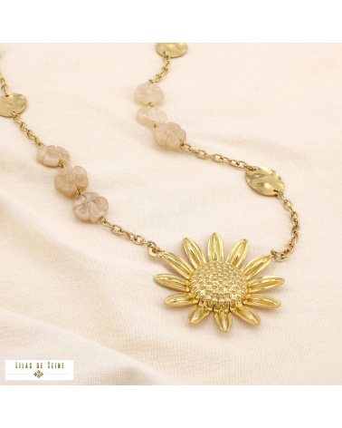 Sautoir bohème acier inoxydable doré pendentif marguerite ELISABETH naturel/beige