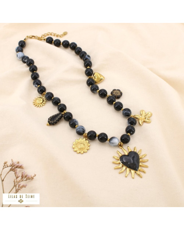 Collier bohème acier inoxydable doré pendentif soleil & cœur émaillé ARIANE noir
