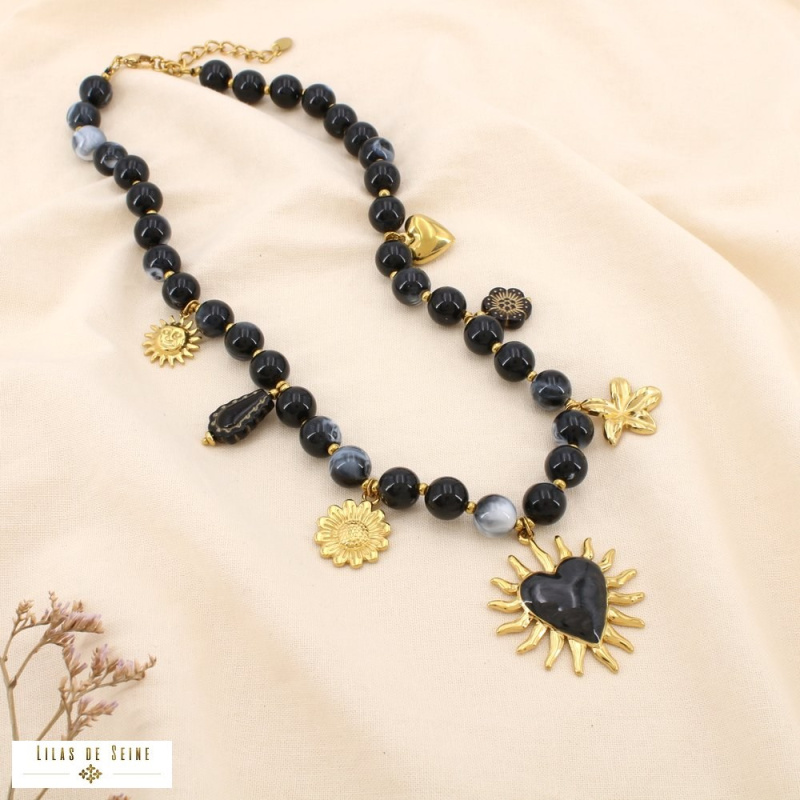 Collier bohème en résine & acier inoxydable – Charms solaires & cœur rayonnant en émail LEYNA noir