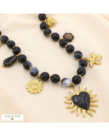 Collier bohème acier inoxydable doré pendentif soleil & cœur émaillé ARIANE noir
