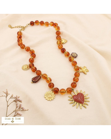 Collier bohème en résine & acier inoxydable – Charms solaires & cœur rayonnant en émail LEYNA marron