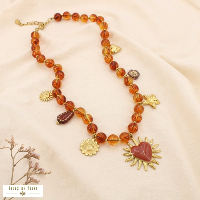 Collier bohème en résine & acier inoxydable – Charms solaires & cœur rayonnant en émail LEYNA marron