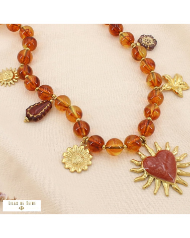 Collier bohème acier inoxydable doré pendentif soleil & cœur émaillé ARIANE marron
