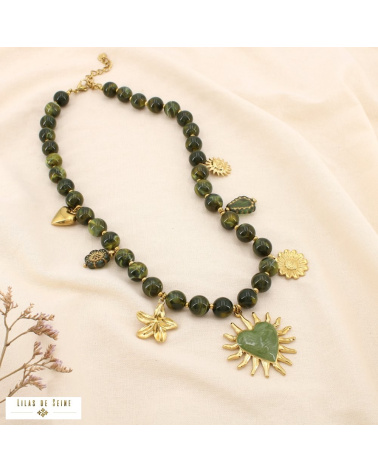 Collier bohème acier inoxydable doré pendentif soleil & cœur émaillé ARIANE vert kaki