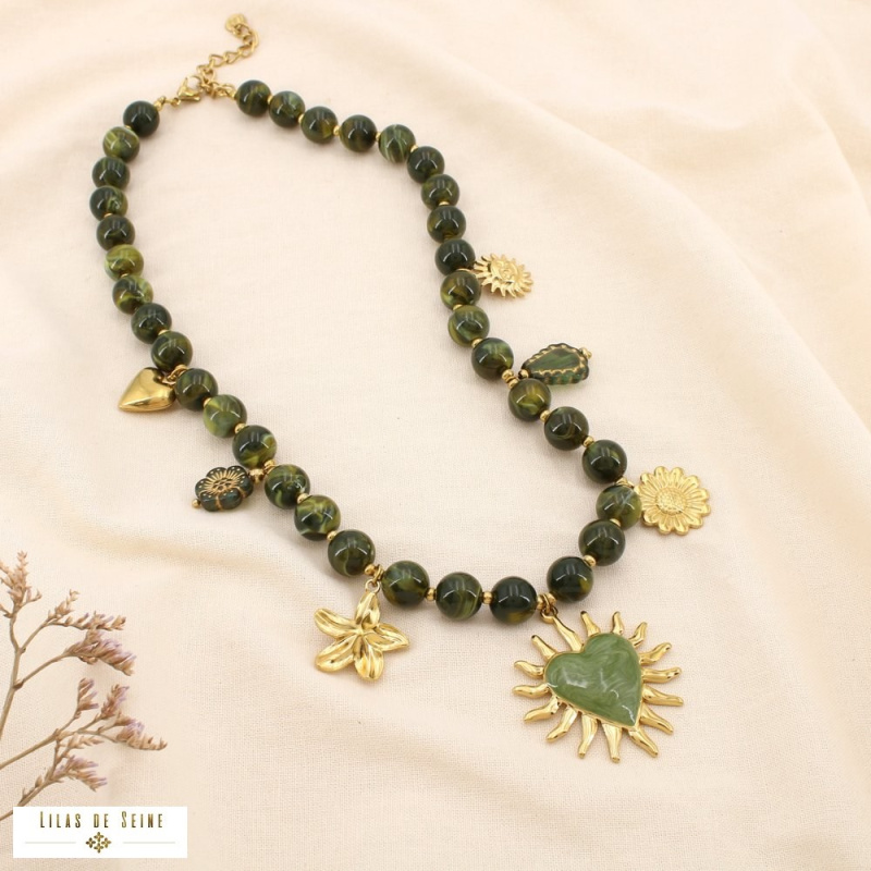 Collier bohème en résine & acier inoxydable – Charms solaires & cœur rayonnant en émail LEYNA kaki